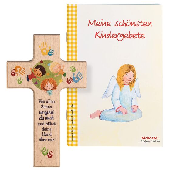 MaMeMi KINDER-HOLZKREUZ „GOTT BESCHÜTZE MICH“ – ca. 15 x 9 cm – Echtholz mit Segensspruch – TAUFKREUZ ZUR GEBURT ODER TAUFE – Wandkreuz für Kinderzimmer – KINDERKREUZ Inkl. Gebetsbüchlein