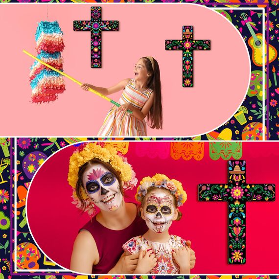Pinkunn Wanddekoration, mexikanisches Kreuz, Motiv: Tag der Toten, handbemalt, Holz, Dia De Los Muertos, Altar-Dekorationen, spanisches Kreuz, Dekoration für Zuhause (Blume), 2 Stück