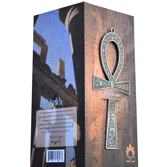 NileCart 17,8 cm großes ägyptisches Ankh-Kreuz aus Metall, hergestellt in Ägypten mit antiken ägyptischen Hieroglyphen Symbolen auf beiden Seiten (Antik-Silberton).