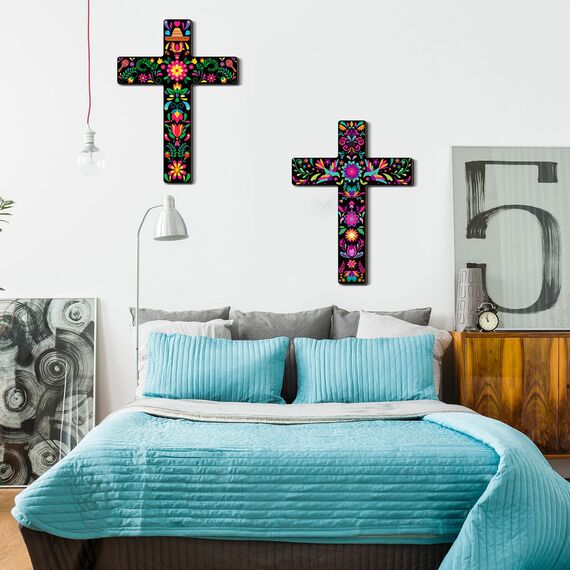 Pinkunn Wanddekoration, mexikanisches Kreuz, Motiv: Tag der Toten, handbemalt, Holz, Dia De Los Muertos, Altar-Dekorationen, spanisches Kreuz, Dekoration für Zuhause (Blume), 2 Stück