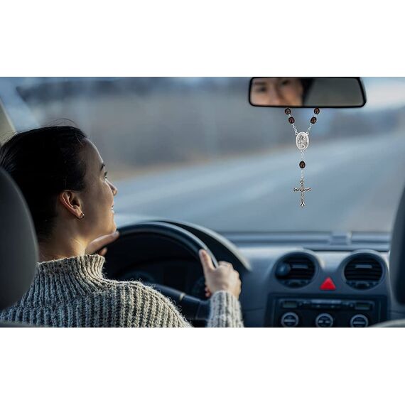 MaMeMi AUTOROSENKRANZ mit HOLZPERLEN & VERSCHLUSS – mit CHRISTOPHORUS & KRUZIFIX – Rückspiegel-Anhänger fürs Auto – GESCHENK FÜR FAHRANFÄNGER, Autofahrer – Original aus Italien