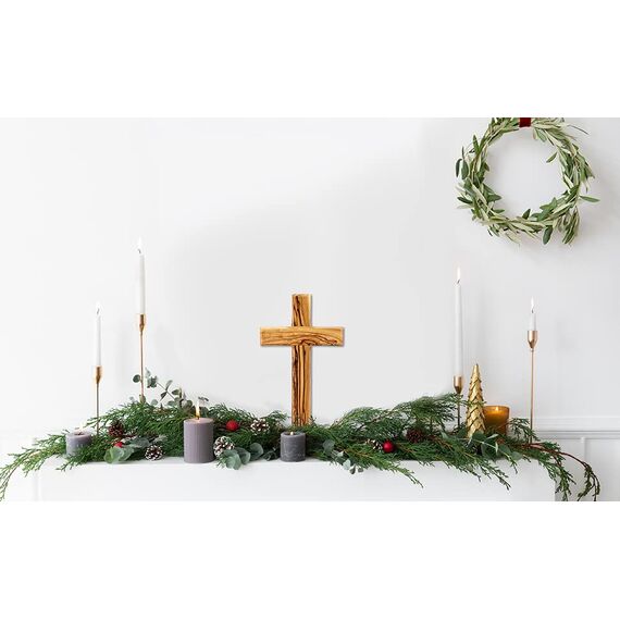 MaMeMi WANDKREUZ aus OLIVENHOLZ – ca. 16 x 9 cm – Handgefertigtes HOLZKREUZ aus dem Heiligen Land mit Wandhalterung – In Geschenkbox mit Zertifikat – Christliches Geschenk Qualität