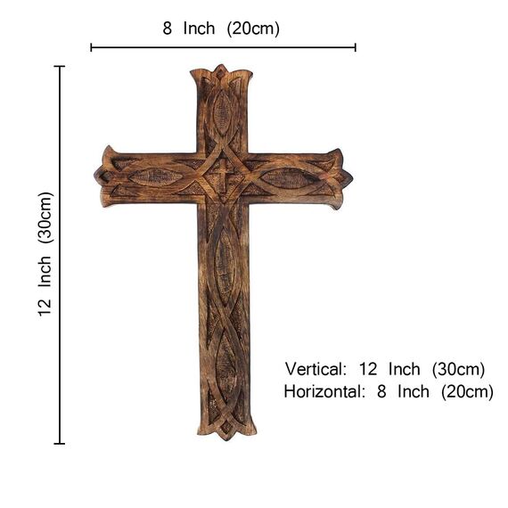 Ajuny Wandkreuz aus Mangoholz, handgeschnitzt, keltisches Handdesign, christlicher Wandbehang, rustikal, Vintage, religiös, katholisches Gebetskreuz für Kirche, Kapelle, Wohnzimmer, Altar oder Flur