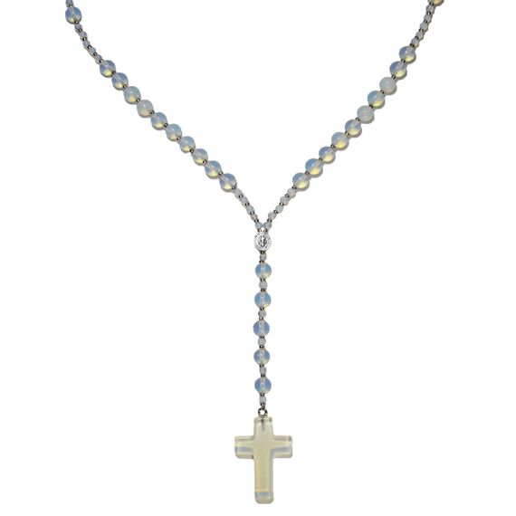 BabioKa Rosenkranz mit Mondstein, Rosenkranz aus Natursteinen, Mineralrosenkranz, Stahlrosenkranz, Rosenkranz zum Beten, Rosenkranz Kommunion, Geschenk für Kommunion, 65 cm., Stein Mondstein