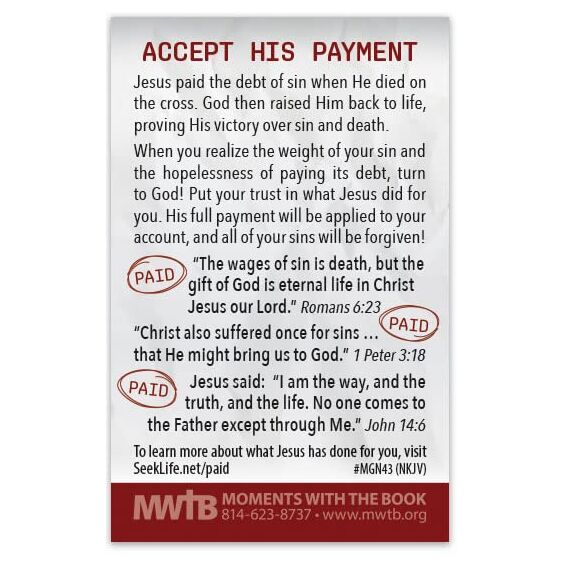 Moments With The Book Jesus Paid It All (Mini Gospel Traktkarte, Packung mit 100 Stück, NKJV) Q