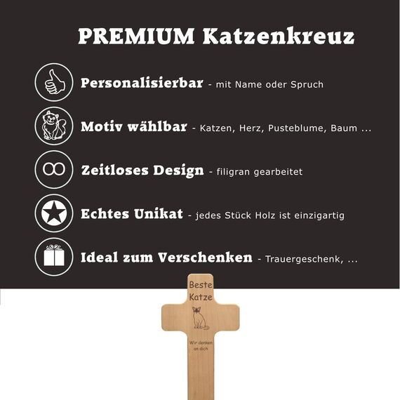 Katzenkreuz mit individueller Gravur - Name, Spruch, Motiv - Holzkreuz für Katze oder Kater als Katzenschild, Grabkreuz für verstorbene Samtpfoten, Gedenktafel, Trauergeschenk, Grabdeko