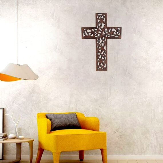 Ajuny Dekoratives Wandkreuz aus Holz, lang hängend, handgeschnitzt, Blumenmuster, Kirche, christliche Wandmontage, Holz, katholisch, für Zuhause, Büro, Kirchendekoration, religiöse Geschenke