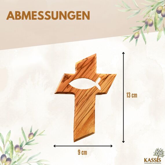 Kassis Geschenkartikel Kreuz mit Fisch aus Olivenholz – handgefertigtes Wandkreuz aus Bethlehem – spirituelles Geschenk zur Taufe, Kommunion, Firmung, Konfirmation, Hochzeit oder Einweihung