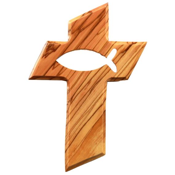 Kassis Geschenkartikel Kreuz mit Fisch aus Olivenholz – handgefertigtes Wandkreuz aus Bethlehem – spirituelles Geschenk zur Taufe, Kommunion, Firmung, Konfirmation, Hochzeit oder Einweihung