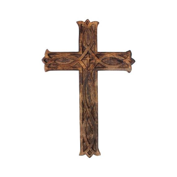 Ajuny Holzwandkreuz Kruzifix Zum Aufhängen – Handgeschnitzt mit Keltischem Muster, Antik Verbranntes Vintage-Finish – Christliche Wanddeko für Zuhause, Büro & Kirche, Geschenk – 25,4 X 15,2 cm