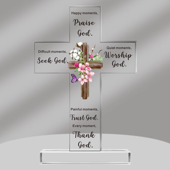 Christliches stehendes Kreuz aus Acryl, inspirierende Geschenke mit Bibelvers und Gebeten, Sonnenblume, religiöse Schrift, Geschenke für Frauen, Männer, Freunde, Ehefrau, Kollegen (eleganter Stil)
