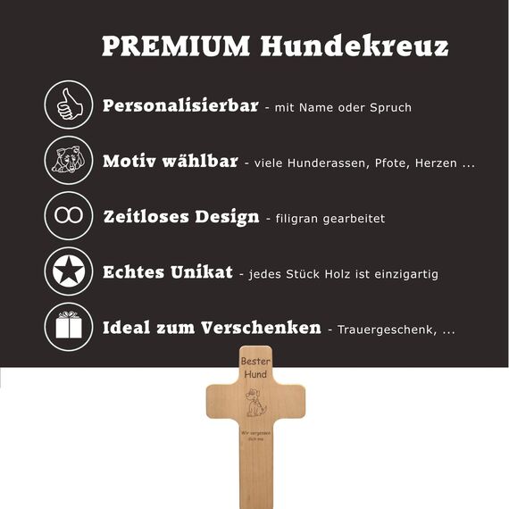 Geschenkissimo Hundekreuz mit individueller Gravur - mit Name, Spruch, Motiv - Holzkreuz für lebende oder verstorbene Hunde als Hundeschild, Gedenktafel, Trauergeschenk, Grabdeko, Sprüche mit Hund