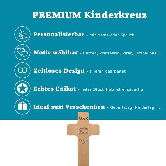 Geschenkissimo Kinderkreuz mit individueller Gravur - personalisiert mit Name, Spruch, Motiv - Kinder Holzkreuz als Taufgeschenk, Geschenk zur Kommunion, Konfirmation für Jungen und Mädchen