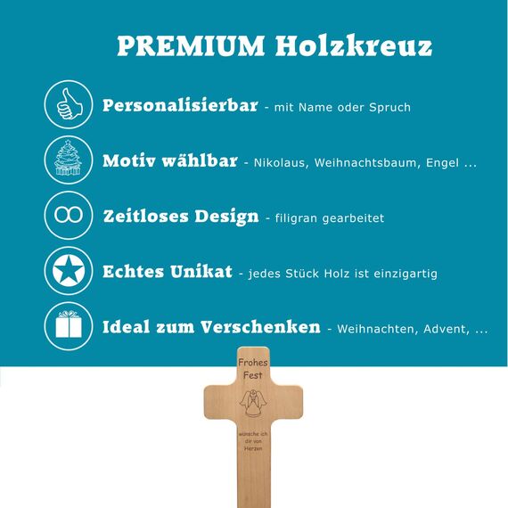 Weihnachten Deko Kreuz mit individueller Gravur - personalisiert mit Spruch + Motiv - Holz Kruzifix als Geschenk zu Weihnachten, Nikolaus, Advent, Neujahr, günstige Weihnachtsdeko