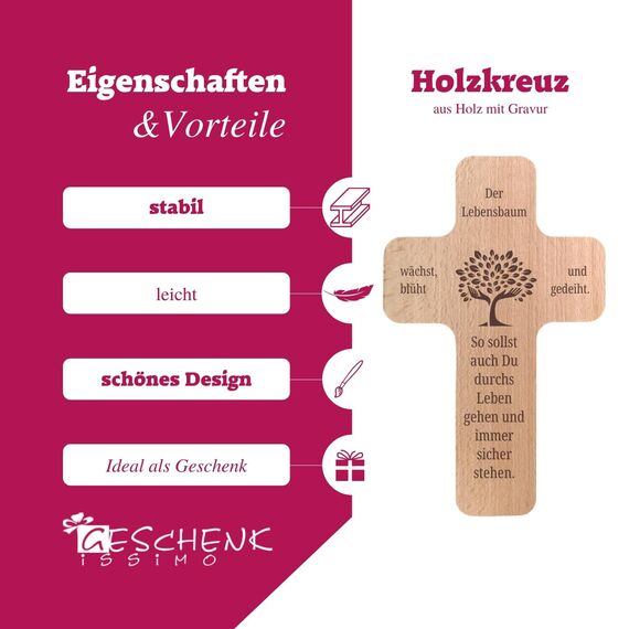Geschenkissimo Lebensbaum Kreuz Wanddeko Buche 20 x12 cm mit Loch zum Aufhängen - Geschenk zur Taufe oder Kommunion - Geschenkidee