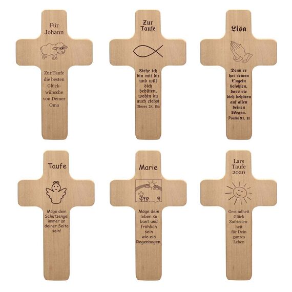 Taufkreuz mit individueller Gravur als Taufgeschenk für Jungen und Mädchen - personalisiert mit Name, Spruch, Motiv - Holz Kruzifix als Geschenk zur Taufe, Wasserweihe - Kreuz für Täufling