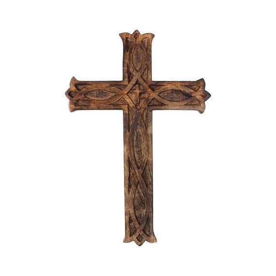 Ajuny Wandkreuz aus Mangoholz, handgeschnitzt, keltisches Handdesign, christlicher Wandbehang, rustikal, Vintage, religiös, katholisches Gebetskreuz für Kirche, Kapelle, Wohnzimmer, Altar oder Flur