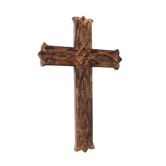 Ajuny Wandkreuz aus Mangoholz, handgeschnitzt, keltisches Handdesign, christlicher Wandbehang, rustikal, Vintage, religiös, katholisches Gebetskreuz für Kirche, Kapelle, Wohnzimmer, Altar oder Flur