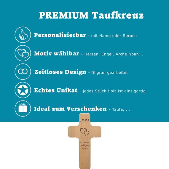 Taufkreuz mit individueller Gravur als Taufgeschenk für Jungen und Mädchen - personalisiert mit Name, Spruch, Motiv - Holz Kruzifix als Geschenk zur Taufe, Wasserweihe - Kreuz für Täufling