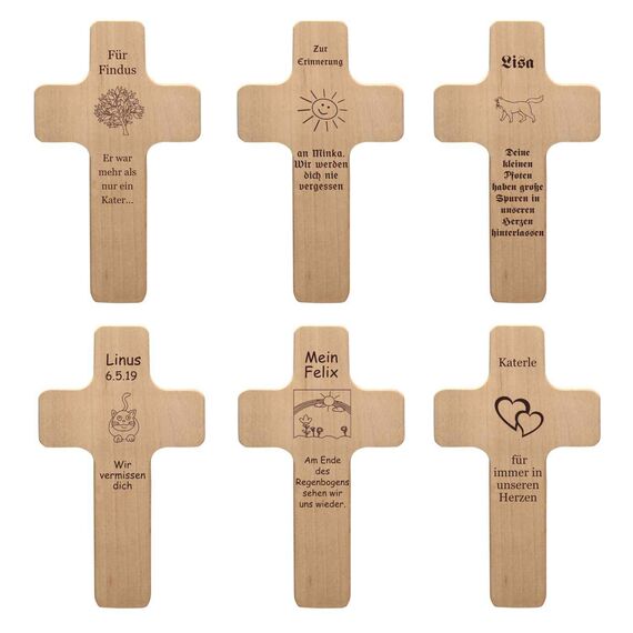 Katzenkreuz mit individueller Gravur - Name, Spruch, Motiv - Holzkreuz für Katze oder Kater als Katzenschild, Grabkreuz für verstorbene Samtpfoten, Gedenktafel, Trauergeschenk, Grabdeko