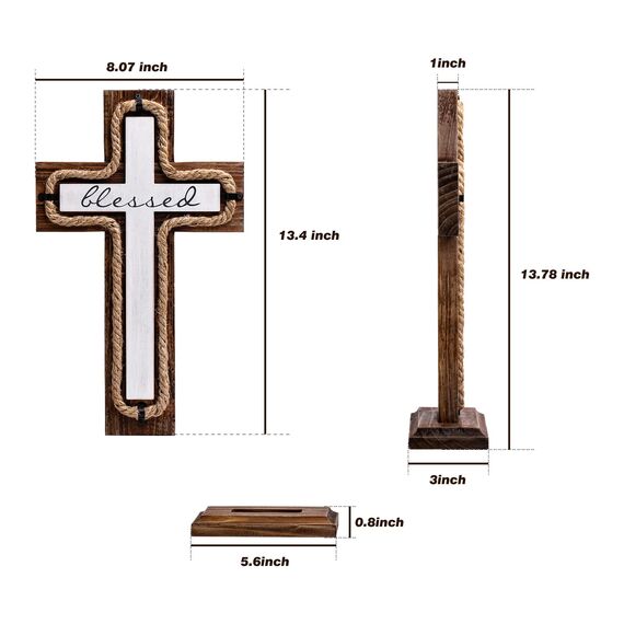 Wandkreuz aus Holz mit Holzsockel, gesegnetes Buchstaben-Design, christliche Kreuze, spirituelles religiöses Kreuz, Weihnachten, Wandbehang, handgefertigtes Holzkreuz, Hanfseil für Kirche, Zuhause,