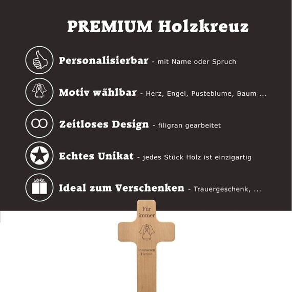 Sternenkinder Andenken - Kreuz mit individueller Gravur - personalisiert mit Name, Spruch, Motiv - Holz Kruzifix zur Erinnerung, Gedenken an Engelskinder, als Grabschmuck, Trostgeschenk