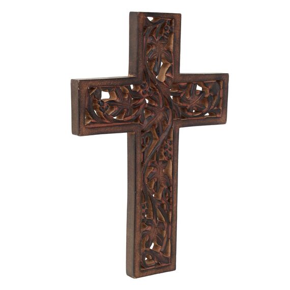Ajuny Dekoratives Wandkreuz aus Holz, lang hängend, handgeschnitzt, Blumenmuster, Kirche, christliche Wandmontage, Holz, katholisch, für Zuhause, Büro, Kirchendekoration, religiöse Geschenke