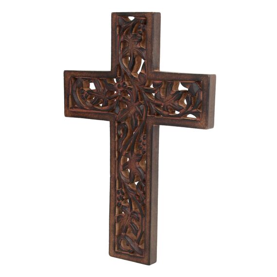 Ajuny Dekoratives Wandkreuz aus Holz, lang hängend, handgeschnitzt, Blumenmuster, Kirche, christliche Wandmontage, Holz, katholisch, für Zuhause, Büro, Kirchendekoration, religiöse Geschenke