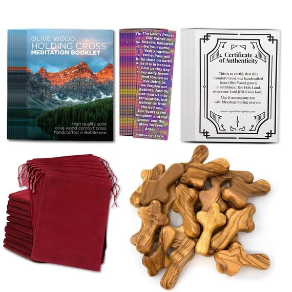 Komfort-Kreuz, 20 Stück, Bulk, Olivenholz, klein (7.0 cm), zertifiziert aus dem Heiligen Land, handgefertigt in Bethlehem, Meditationsgebetsheften, Lord's Pass Along Karten und Echtheitszertifikaten.