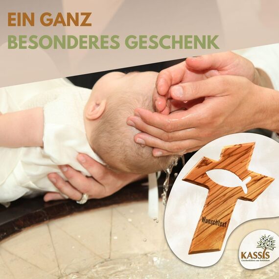 Kassis Geschenkartikel Kreuz mit Fisch aus Olivenholz – handgefertigtes Wandkreuz aus Bethlehem – spirituelles Geschenk zur Taufe, Kommunion, Firmung, Konfirmation, Hochzeit oder Einweihung