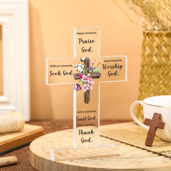 Christliches stehendes Kreuz aus Acryl, inspirierende Geschenke mit Bibelvers und Gebeten, Sonnenblume, religiöse Schrift, Geschenke für Frauen, Männer, Freunde, Ehefrau, Kollegen (eleganter Stil)