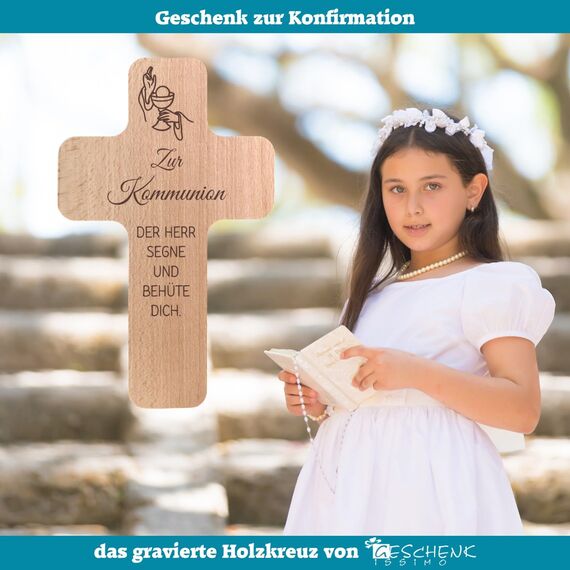 Geschenkissimo Kommunionsgeschenk - Kreuz aus Holz mit Segensspruch Der Herr segne und behüte Dich. Kommunion Holzkreuz, Kruzifix mit Spruch als religiöse Geschenkidee zur Erstkommunion