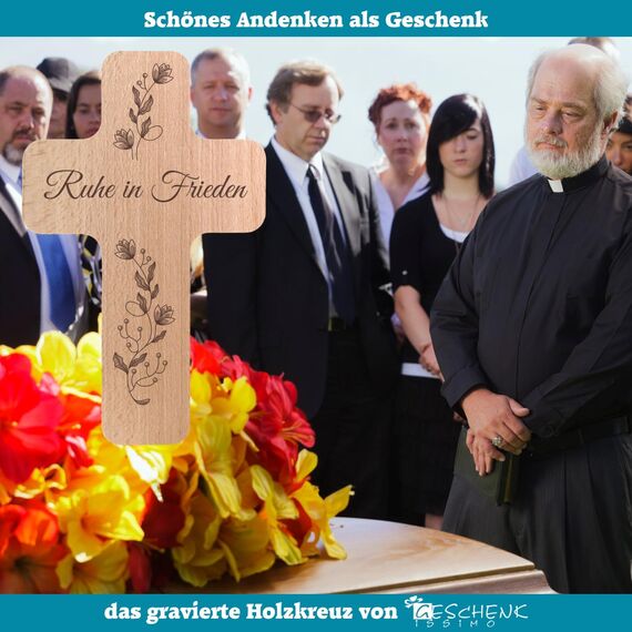 Geschenkissimo Ruhe in Frieden Holzkreuz mit Gravur und Blumenranken - 20x12 cm Wandkreuz - Trauer Kreuz Beerdigung Andenken Grab Dekoration Erinnerung - Geschenkidee
