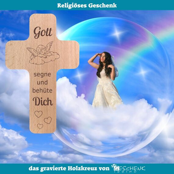 Geschenkissimo Gott segne und behüte Dich Kreuz aus Holz 20x12 cm mit Gravur Buche Wandkreuz - religiöses Geschenk zu Taufe Konfirmation oder Kommunion - Geschenkidee