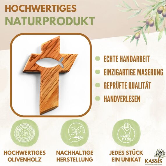Kassis Geschenkartikel Kreuz mit Fisch aus Olivenholz – handgefertigtes Wandkreuz aus Bethlehem – spirituelles Geschenk zur Taufe, Kommunion, Firmung, Konfirmation, Hochzeit oder Einweihung