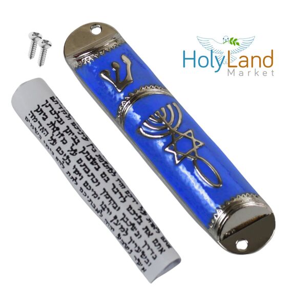 Holy Land Market Messianische Messianische Mesusa-Koffer, 10,4 cm, blau-silberfarbener Rahmen, mit Schriftrolle im Lieferumfang enthalten, Metall-Wandhalterung