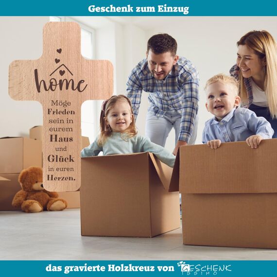 Geschenkissimo Geschenk zum Einzug ins Haus - Holzkreuz mit Segensspruch Gravur - Buche 20x12 cm - Wanddeko für Wohnung - Einzugsgeschenk mit Spruch - Geschenkidee