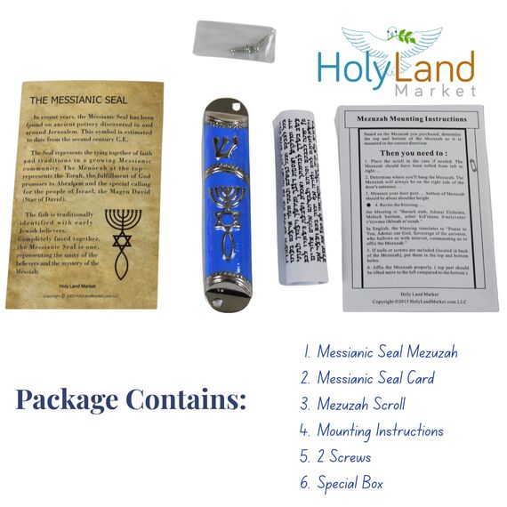 Holy Land Market Messianische Messianische Mesusa-Koffer, 10,4 cm, blau-silberfarbener Rahmen, mit Schriftrolle im Lieferumfang enthalten, Metall-Wandhalterung
