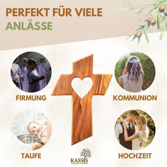 Kassis Geschenkartikel Personalisierbares Kreuz mit Herz aus Olivenholz – handgefertigtes Wandkreuz aus Bethlehem - Spirituelles Geschenk zur Taufe, Kommunion, Firmung, Konfirmation, Hochzeit