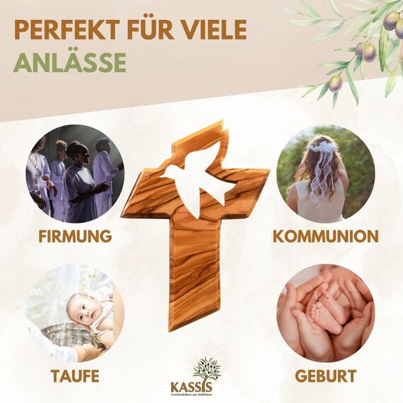 Kassis Geschenkartikel Kreuz mit Friedenstaube aus Olivenholz – handgefertigtes Wandkreuz aus Bethlehem – spirituelles Geschenk zur Taufe, Kommunion, Firmung, Konfirmation, Hochzeit oder Einweihung