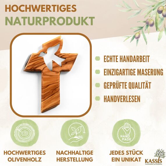 Kassis Geschenkartikel Kreuz mit Friedenstaube aus Olivenholz – handgefertigtes Wandkreuz aus Bethlehem – spirituelles Geschenk zur Taufe, Kommunion, Firmung, Konfirmation, Hochzeit oder Einweihung