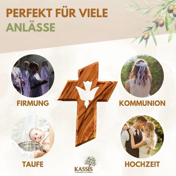 Kassis Geschenkartikel Personalisierbares Kreuz aus Olivenholz (Heiliger Geist) – handgefertigtes Wandkreuz aus Bethlehem - Spirituelles Geschenk zur Taufe, Kommunion, Firmung, Konfirmation, Hochzeit