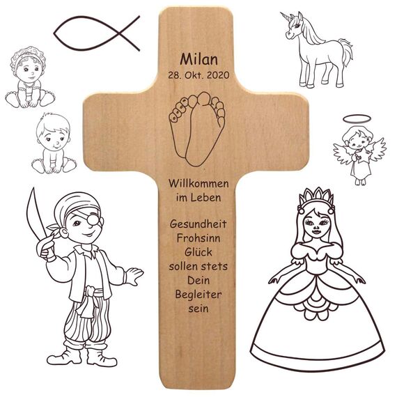 Geschenkissimo Kinderkreuz mit individueller Gravur - personalisiert mit Name, Spruch, Motiv - Kinder Holzkreuz als Taufgeschenk, Geschenk zur Kommunion, Konfirmation für Jungen und Mädchen