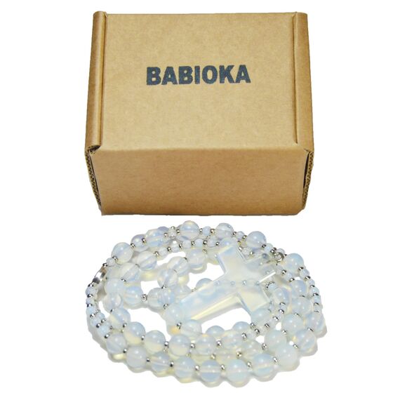 BabioKa Rosenkranz mit Mondstein, Rosenkranz aus Natursteinen, Mineralrosenkranz, Stahlrosenkranz, Rosenkranz zum Beten, Rosenkranz Kommunion, Geschenk für Kommunion, 65 cm., Stein Mondstein