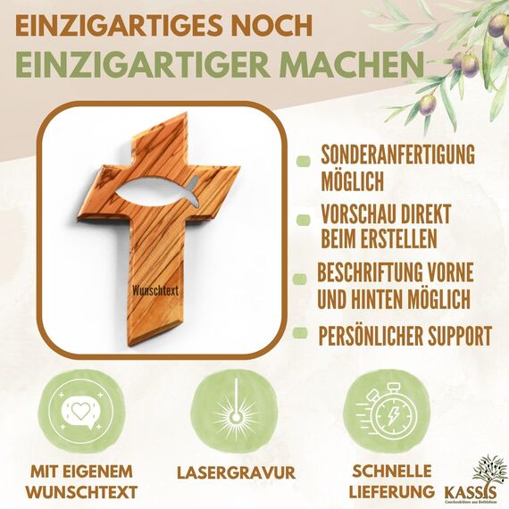 Kassis Geschenkartikel Kreuz mit Fisch aus Olivenholz – handgefertigtes Wandkreuz aus Bethlehem – spirituelles Geschenk zur Taufe, Kommunion, Firmung, Konfirmation, Hochzeit oder Einweihung