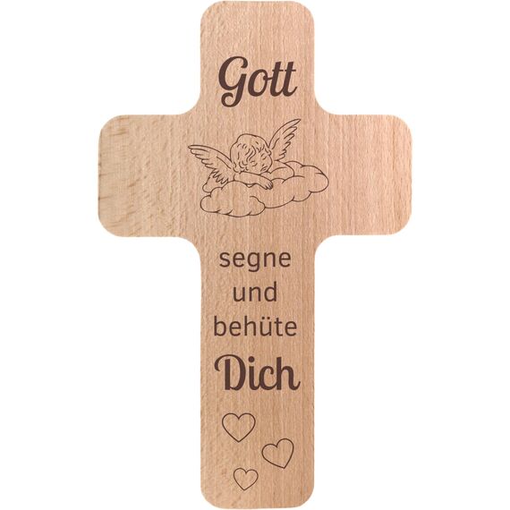 Geschenkissimo Gott segne und behüte Dich Kreuz aus Holz 20x12 cm mit Gravur Buche Wandkreuz - religiöses Geschenk zu Taufe Konfirmation oder Kommunion - Geschenkidee