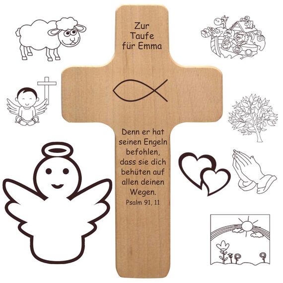 Taufkreuz mit individueller Gravur als Taufgeschenk für Jungen und Mädchen - personalisiert mit Name, Spruch, Motiv - Holz Kruzifix als Geschenk zur Taufe, Wasserweihe - Kreuz für Täufling
