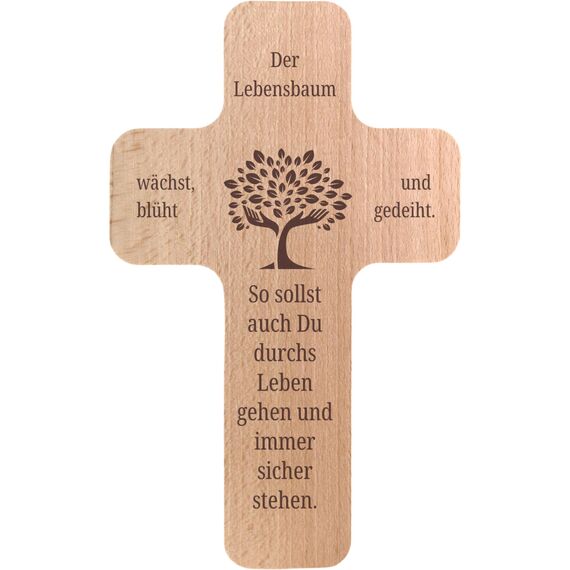 Geschenkissimo Lebensbaum Kreuz Wanddeko Buche 20 x12 cm mit Loch zum Aufhängen - Geschenk zur Taufe oder Kommunion - Geschenkidee