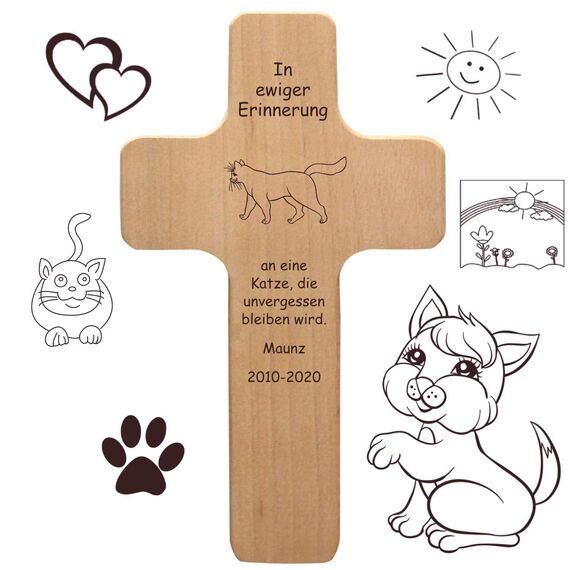 Katzenkreuz mit individueller Gravur - Name, Spruch, Motiv - Holzkreuz für Katze oder Kater als Katzenschild, Grabkreuz für verstorbene Samtpfoten, Gedenktafel, Trauergeschenk, Grabdeko