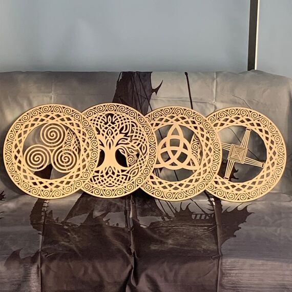 Tucocoo Keltisches Symbol, Wanddekoration, 30.5 cm, Holz, heilige Geometrie, 4-teiliges Set, Baum des Lebens, Kreuz, Dreifaltigkeitsknoten, Dreifachspirale, DIY, Graffiti-Dekoration, 12''x12''x0.2''
